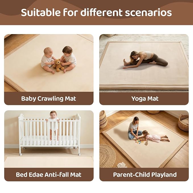 Baby Play Mat for Floor, 118'' x 79'' Thicken Foam Soft Padded Playmat for Tummy Time, Playpen Mat for Toddlers Infant Kids, Water-Repellent Coral Velvet, Non-Slip Bottom Safe for Crawling (Brown)
