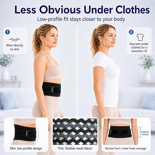 Breathable Thin Back Brace for Women, Adjustable Lower Back Support Belt for Everyday Pain Relief, Slim Low-Profile Lumbar Brace with Gentle Compression, Comfortable Under Clothes