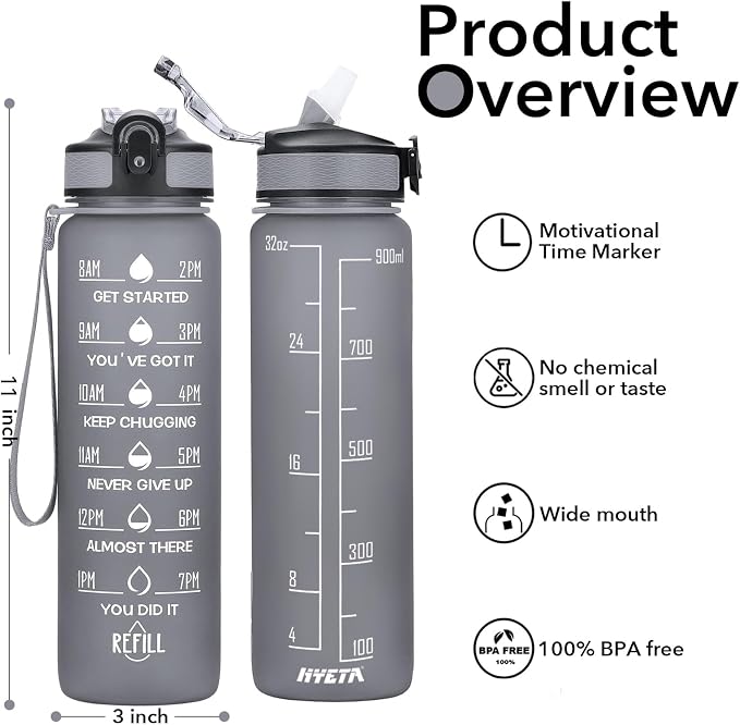 Hyeta Water Bottle with Straw & Time Marker, Plastic 32oz Leakproof | Motivational Tritan BPA Free Gym Office Outdoor Intake Tracker Hourly Reminder Straw Lid Carry Strap