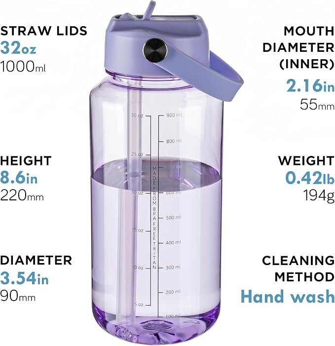 OLDLEY 32oz Water Bottle with Straw,Leakproof Tritan Clear Bottle with Marked Bottle and Carry Handle,BPA-Free Wide Mouth Reusable Sports Water Bottle for Gym,Hiking,Camping,Travel,Workout,Lilac Mist