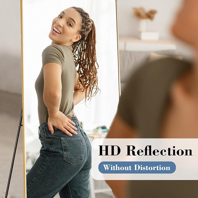 NEWBULIG 68"x26" Full Length Mirror, Full Body Standing Mirror, Gold | Leaning or Standing, Tempered Glass, Aluminum Alloy Thin Frame Floor Stand for Bedroom, Cloakroom
