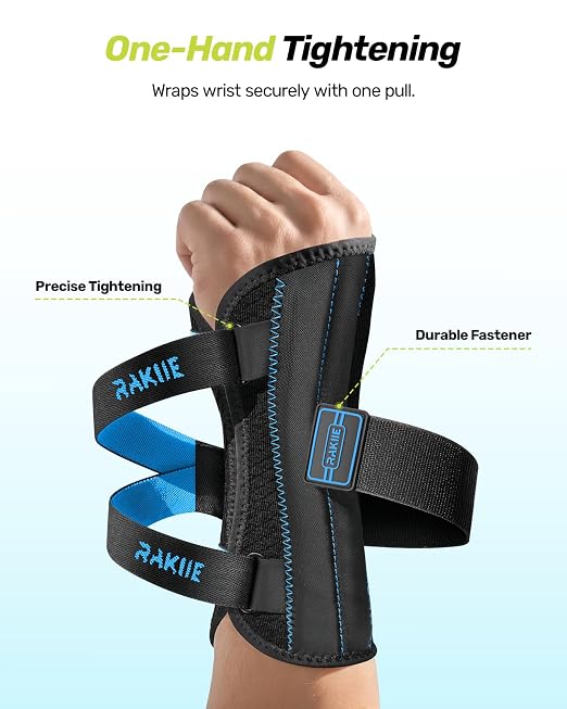 Rakiie Upgraded Carpal Tunnel Wrist Brace, Night Support for Arthritis, Sprain & Tendonitis Pain Relief, Flexible 3-Bar Support, Breathable Fit Hand Splint for Men & Women (Blue, Large, Left Hand)
