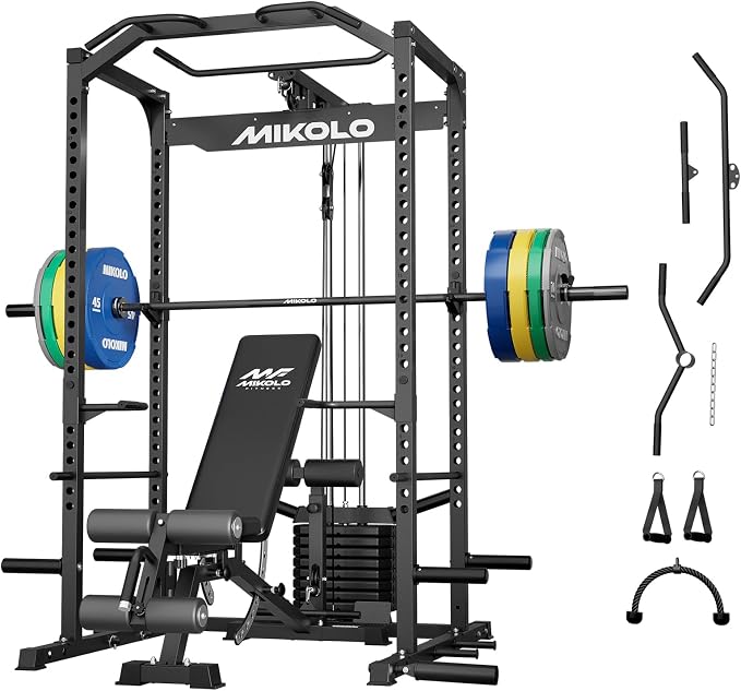 Mikolo F4-2.0 Elite Power Cage with Weight Stack & Dual-Track Smooth Pulley System for Home Gym, 1200LBS Squat Rack with Leg Hold-Down for Heavy LAT Pulldowns (Black with Bench＆Bar＆230LB CP)