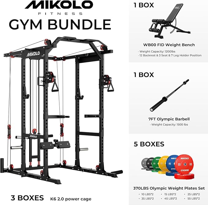 Mikolo K6 2.0 Power Cage, Power Rack with Cable Crossover System, 2000LBS Squat Rack with LAT Pull Down System, Functional Trainer with Aluminum Pulley System for Home Gym