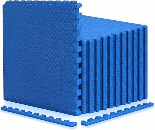 Tangkula 36 Tiles Exercise Flooring Mats with Border, Non-Slip EVA Foam Protective Mats, Elastic Puzzle Play Mats, 1/2" Interlocking Floor Mats for Home Gym, Fitness Room (Blue)
