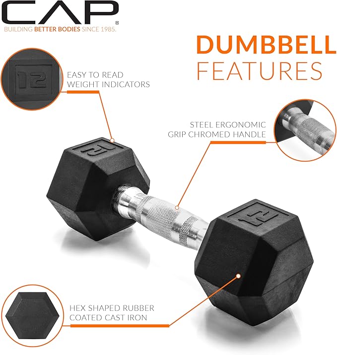 CAP Rubber Coated Dumbbell Weights, Free Weights for Home Gym Strength Training, Anti-Roll Hex Dumbbells with Black, Chrome & Comfort Grip Handles, Singles