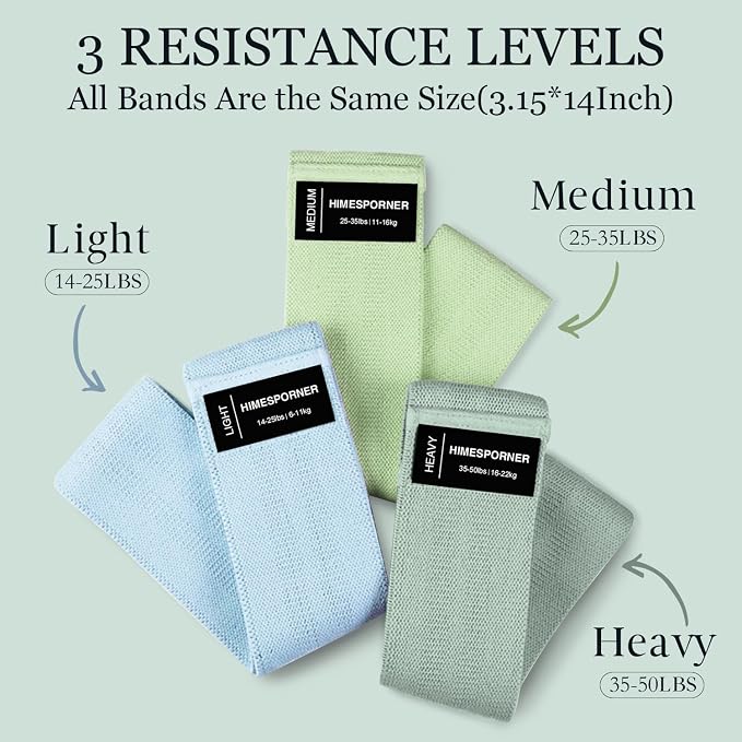 HIMESPORNER Wide Fabric Resistance Bands for Working Out 3 Level | Non-Slip Exercise Booty Bands for Women Men Leg Glutes with Hair Ties and Tape Measure - for Home Gym Workout, Yoga, Pilates