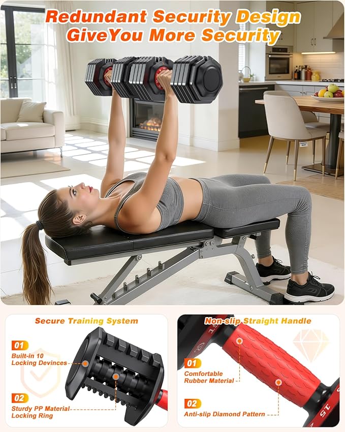 XDDIAS Adjustable Dumbbell Set for Home Gym Workout | 25 to 90 lbs, non-slip knurled grip, compact storage, one-hand adjustable