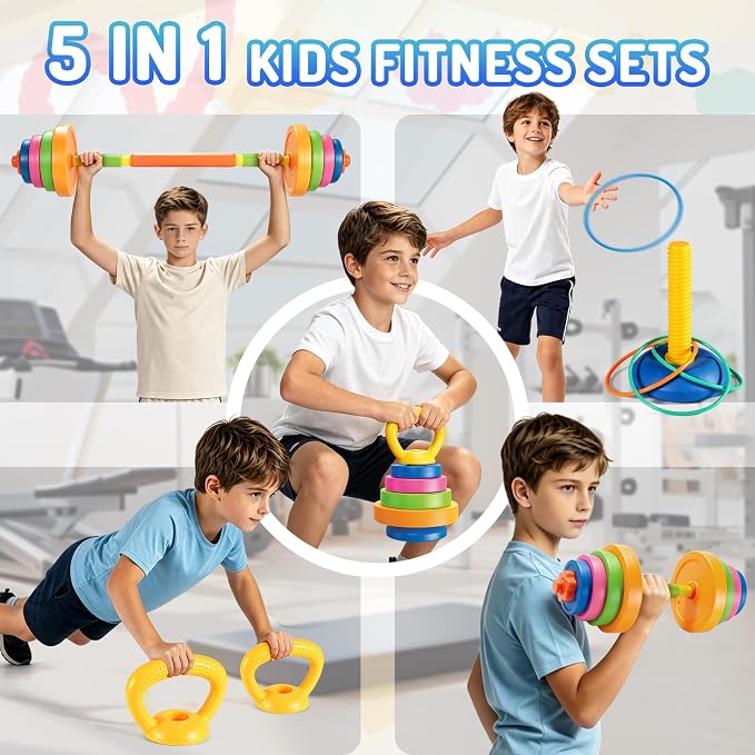 5-IN-1 Kids Weight Set, Kids Workout Equipment , Kid Exercise Equipment Toy | Adjustable Kettlebell , Barbell, Push-Up , Ring, Toddler Weights Gym Set Bench Workout Gift for Boy Girl