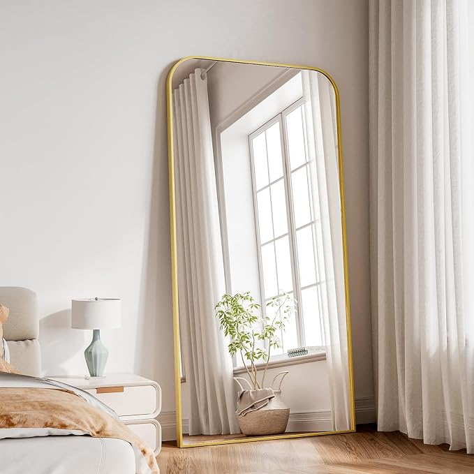 Koonmi Full Length Mirror, 71"x28" Mirror Full Length with Stand | Domed Top Square-Edged ShatterProof Floor Mirror with Gold Aluminum Alloy Frame for Bedroom Living Room Home Gym