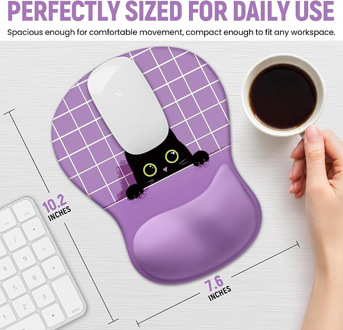 Ergonomic Mouse Pad with Wrist Rest, Gel Wrist Support, Purple Cat | 10.2 x 7.6 in Mouse Pad with Smooth Fabric Surface and Non-Slip Rubber Base for Office, Home, Study, and Gaming