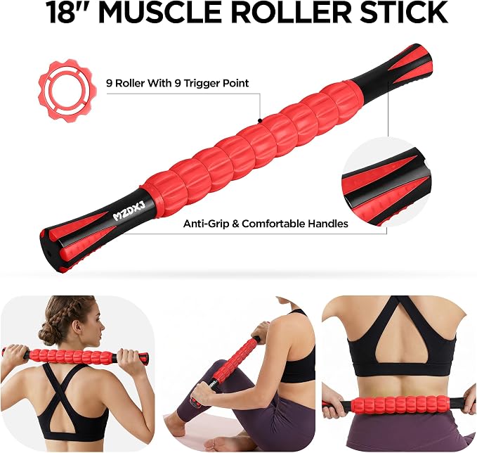 Muscle Roller & Massage Roller Stick for Athletes - Lymphatic Drainage Support, Relieves Muscle Soreness, Cramping & Tightness - Targets Legs, Arms, Back & Calves （Red Wheel）