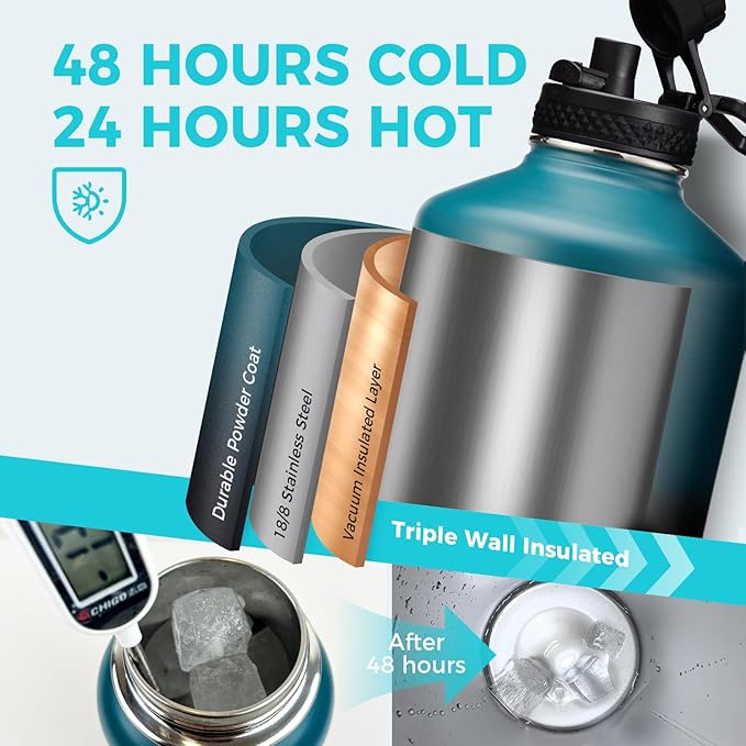 Large Insulated Water Bottles 1 Gallon - Water Jug with Strap Carrier Bag, Straw & Spout Lid, Paracord Handle, Bottle Boot, Big Metal Water Flask Stainless Steel Canteen, 128oz Insulated Water Bottle