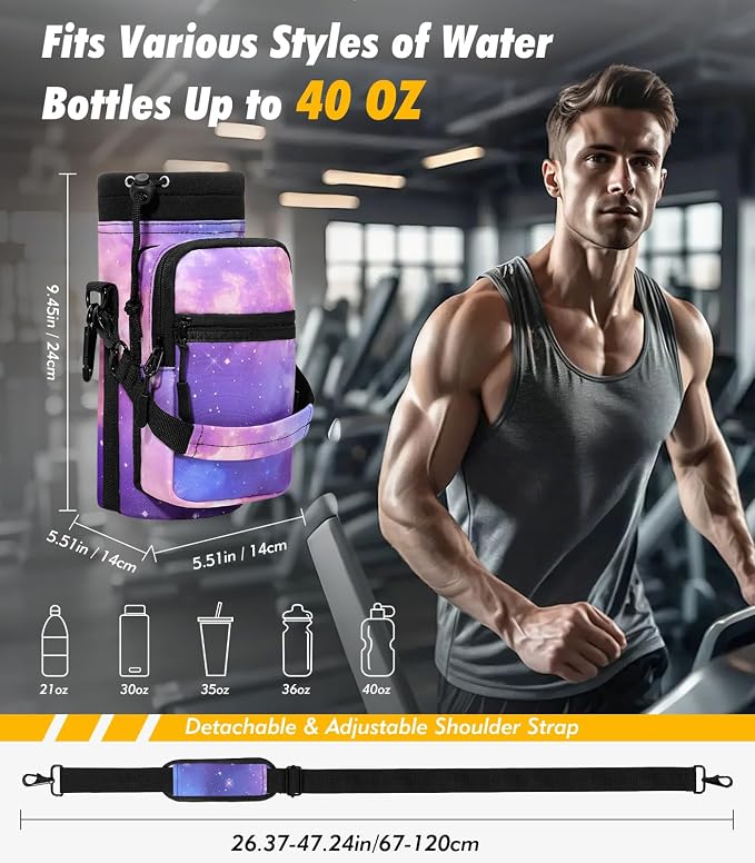 Nuovoware Magnetic Gym Bag, 40oz, Water Bottle Carrier, Starry Purple | Adjustable Shoulder Strap, Magnets Magnetic Gym Bag, Bottle Pouch Sling, 2 Pocket, Sling Neoprene Organizer Sleeve