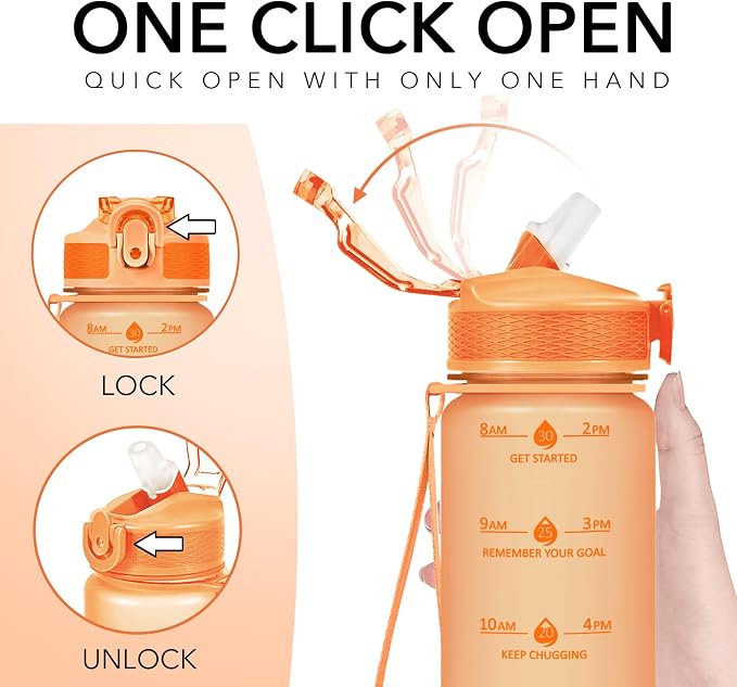 Hyeta Plastic Water Bottle With Straw & Time Marker, 32oz Leakproof Jug | Motivational Tritan BPA Free Gym Office Outdoor Intake Tracker Hourly Reminder Straw Lid Lightweight