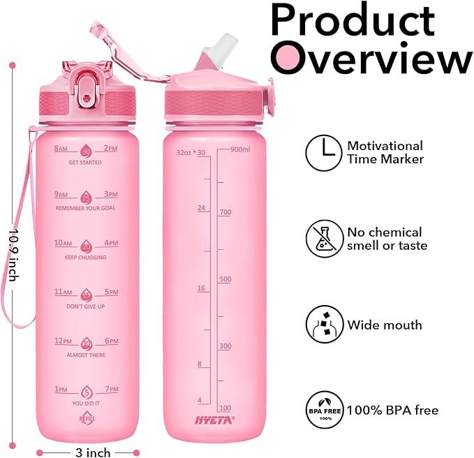 Hyeta Plastic Water Bottle With Straw & Time Marker, 32oz Leakproof Jug | Motivational Tritan BPA Free Gym Office Outdoor Intake Tracker Hourly Reminder Straw Lid Lightweight