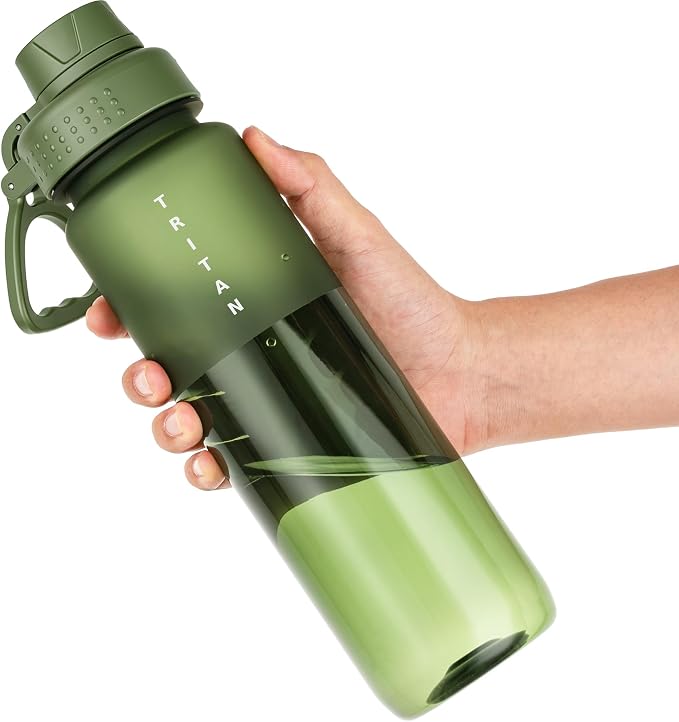OLDLEY 32oz Water Bottle with Handle, BPA-Free Tritan Reusable Sports Water Bottle with Leak-Proof Dust Lid, Wide Mouth, Cup Holder Friendly, Half Frosted Clear Bottle for Gym,Travel,Work,Olive Green