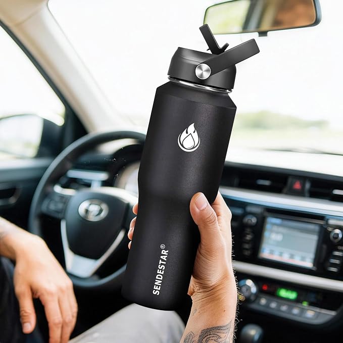 SENDESTAR Water Bottle 32oz,2 Lids(Straw lid),Wide Mouth Stainless Steel Vacuum Insulated Double Wall Keep Liquids Cold or Hot All Day,Sweat Proof Sport Design,Fit Car Cup Holder(Black)