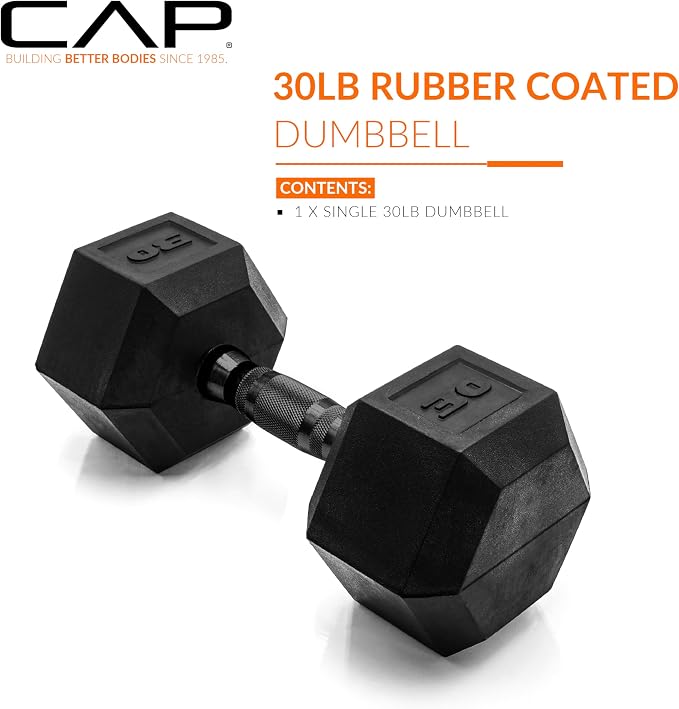 CAP Rubber Coated Dumbbell Weights, Free Weights for Home Gym Strength Training, Anti-Roll Hex Dumbbells with Black, Chrome & Comfort Grip Handles, Singles