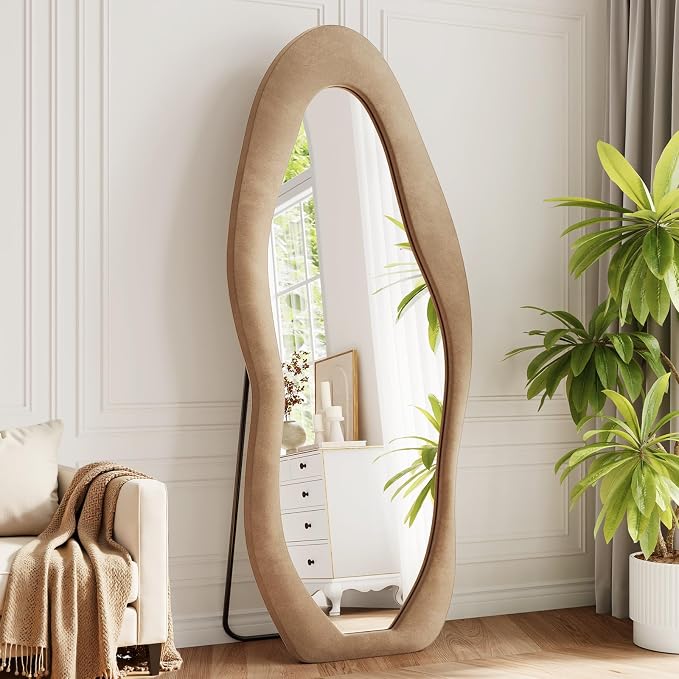 Full Length Mirror, 71"x30" Wavy Full Body Mirror Flannel | Flannel Floor Mirrors with Stand, Irregular Wavy Mirror Hanging or Leaning Against Wall for Bedroom Living Room, Brown