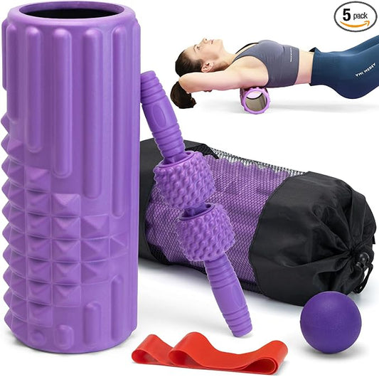 5 in 1 Foam Roller Set, High Density Patented Exercise Roller | Deep Tissue Massage Roller Stick, Massage Ball, Resistance Band for Pilates, Yoga, Whole Body Fitness Exercise, Purple