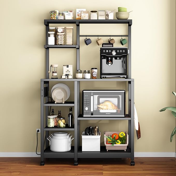 Bakers Rack with Power Outlet, 8-Tier Microwave Cart, Coffee Bar w/ 6 Hooks | 8-Tier Bakers Rack with Power Outlet, Coffee Bar Station & Microwave Cart, Metal Kitchen Storage Shelf with Wheels