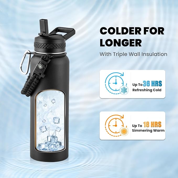 RAYMYLO Insulated Water Bottle 40 oz, Triple Wall Vacuum Stainless Steel | (Cold for 36Hrs, Hot for 18Hrs), Leak Proof & Non-BPA, Modern Water Flask Jug with Paracord Handle & Straw Spout Lids