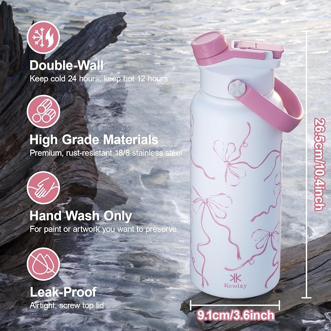 KEWIXY 32 oz Pink Water Bottle, 2-in-1 Lid, Straw & Spout with Protected, Leak Proof, Keep Cold, Stainless Steel, Metal, Reusable, Handle, for Travel, Gym and School, Breeze Pink Bow