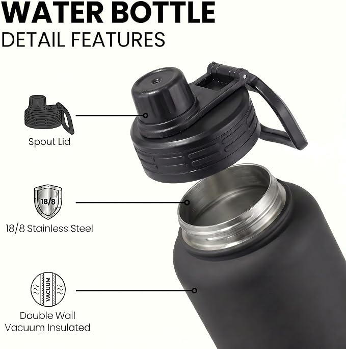 Black Insulated 32 oz Metal Leakproof Water Bottle | Mens Stainless Steel Water Flask, Large Sports Travel Water Bottle for Gym,Hiking,1 liters Thermal Bottle with 2 Lids