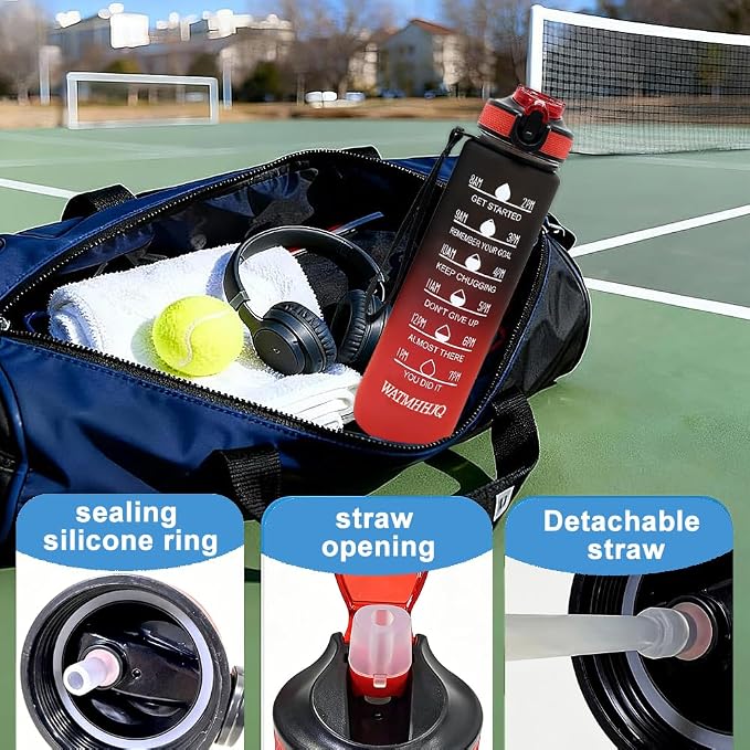 32oz Sports Water Bottle Outdoor, with Drinking Time and Capacity Labels, Sport Water Cups with Straw,BPA Free Leak Proof,for Fitness Gym Running Climbing (Black red)
