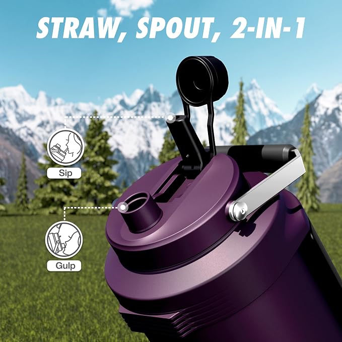 POWCAN 128 oz Insulated Water Bottle: 2-in-1 Straw Spout Lid, Dual Handle, Leakproof, Keep Cold 48H, Gallon Stainless Steel Water Jug for Camping, Travel, Gym, Hydration, Fitness, Daily (Burgundy)