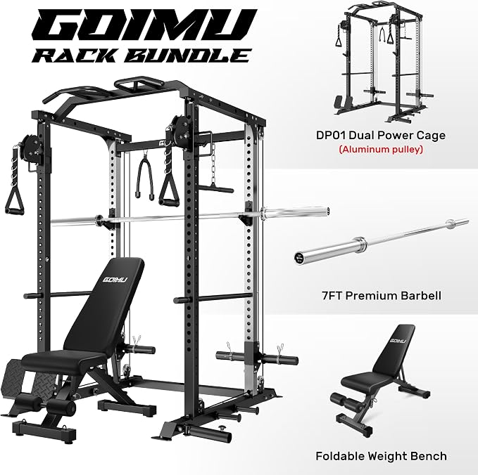 DP01 Power Cage, 2000LBS Squat Rack with Cable Crossover and Dual Independent Pulley System, Full Cage for Full Body Training, Power Rack with More Training Attachments for Home Gym