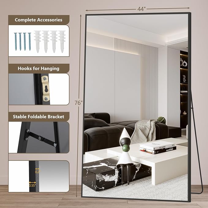 Mirrorons 82"x44" Oversized Black Full Length Mirror, Floor Standing or Wall Mounted with Hanging Kit, Shatterproof Tempered Glass Mirror for Living Room, Bedroom, Dressing Room, Gym