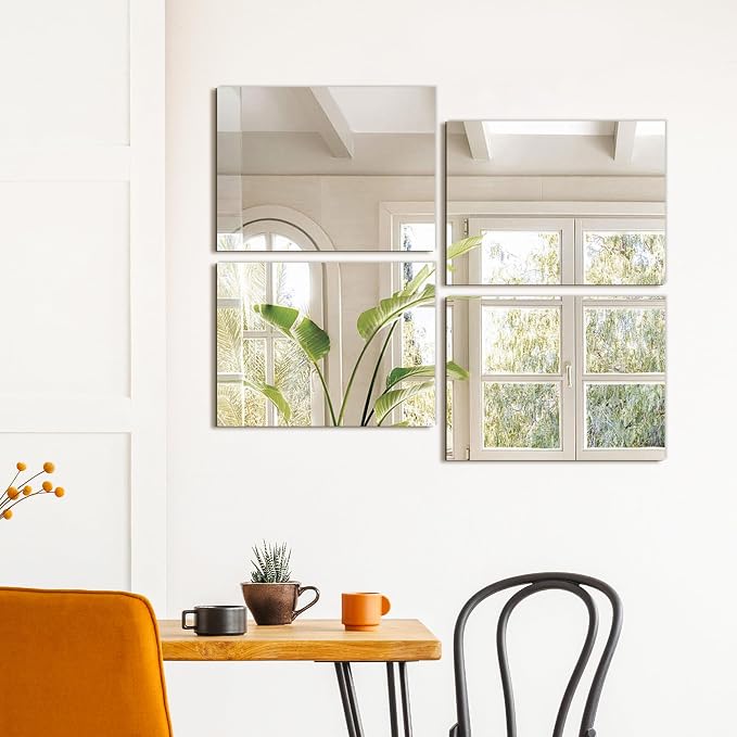 TRAHOME Wall Mirror Tiles, 16"x12"x4PCS Full Length Home Gym Mirror | HD Tempered Glass, Frameless Workout Mirror for Garage, Bedroom, Living Room, Over The Door