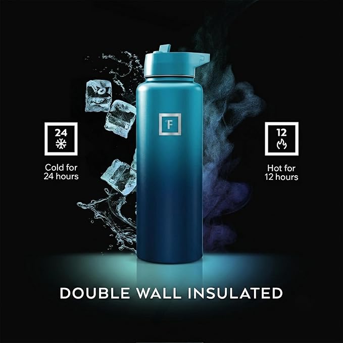 IRON °FLASK 40 oz Wide Mouth Water Bottle with Straw | Insulated Stainless Steel Sports Water Bottle with Leakproof Straw Lid - BPA Free, Cold 24 Hrs, Sweat Free (Dark Night)