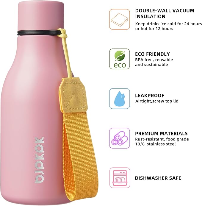 BJPKPK 12oz Insulated Water Bottle, Stainless Steel Bottle with Carry Strap | Keep Cold & Hot Vacuum Insulation, Leak-Proof BPA-Free Design, Slim Bottle Fits Most Cup Holders for Gym, Office & Travel