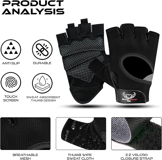 BEAST RAGE Fingerless Weight Lifting Gloves with Palm Protection Padding, Breathable Lightweight Gym Gloves for Men, Women, Weightlifting, Cycling, Exercise, Training Pull Up