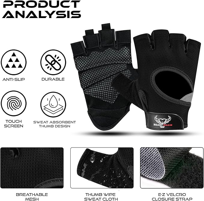 BEAST RAGE Fingerless Weight Lifting Gloves with Palm Protection Padding, Breathable Lightweight Gym Gloves for Men, Women, Weightlifting, Cycling, Exercise, Training Pull Up