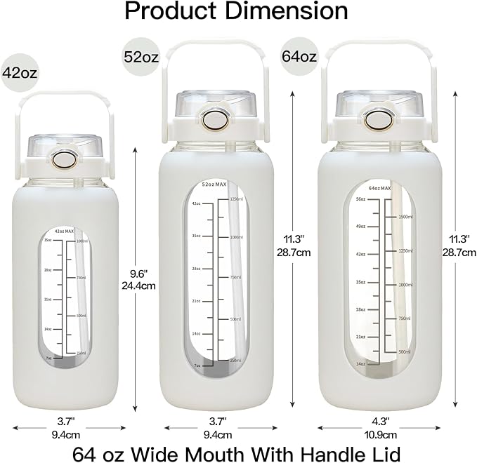 chunmo 64oz Glass Water Bolttles with Straw Half Gallon Large Motivational Water Bottle with Time Marker Sports Water Bottles with Silicone Sleeve and Handle Lid Water Jug for Gym Workout