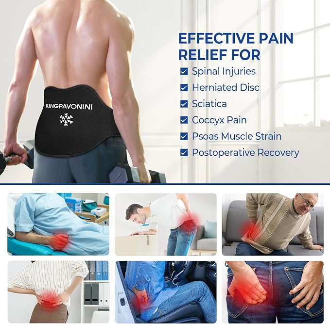 Extra Large Ice Pack for Back Pain Relief, 2 Gel Packs, Black | 35-Min Long-Lasting & Instant Pain Relief, Leakproof Back Ice Pack, Extension Strap, Hot Cold Therapy, Skin-Safe Lycra Fabric