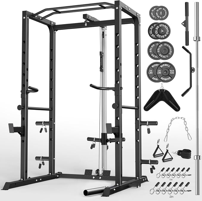 ULTRA FUEGO Power Cage, Multi-Functional Power Rack with J-Hooks, Dip Handles, Landmine Attachment and Optional Cable Pulley System for Home Gym