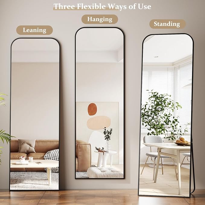 Full Length Mirror 56"x21" Arched Floor Standing Large Mirrors | Full Body Mirror with Stand - with Aluminum Frame for Bedroom Living Room, Black