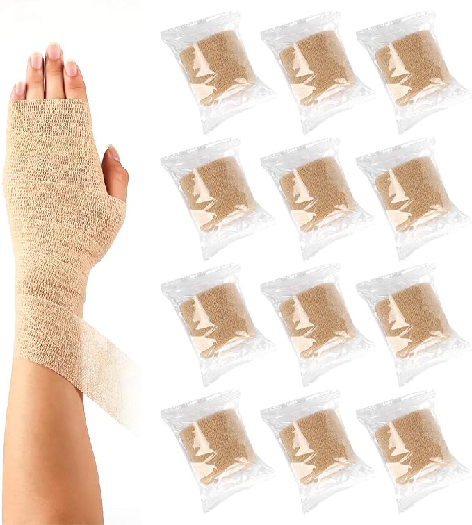 12 Pack Self Adherent Cohesive Wrap Bandages 2 Inches X 5 Yards,First Aid Tape, Elastic Self Adhesive Tape, Athletic, Sports wrap Tape, Bandage Wrap for Sports, Wrist, Skin Colour Athletic Tape
