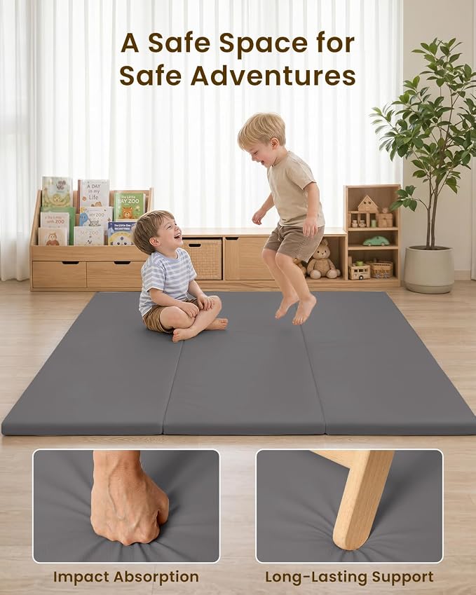 SEPARO Foldable Baby Play Mat,Vegan Leather 47x47 Baby Mat for Floor,Grey | Trifold Waterproof Playmat for Babies,Soft Foam Tumbling Mat,Wipe-Clean&Non-Slip Outdoor Mats,Playmate for Baby Tummy Time