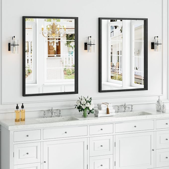 Syndra Black Wood Frame Bathroom Mirror, 30''x40'' Modern Vanity Mirror for Wall, Waterproof Slim Deep Frame, Rectangular HD Tempered Glass Mirror for Living Room, Bedroom, Entryway, Rustic, Farmhouse