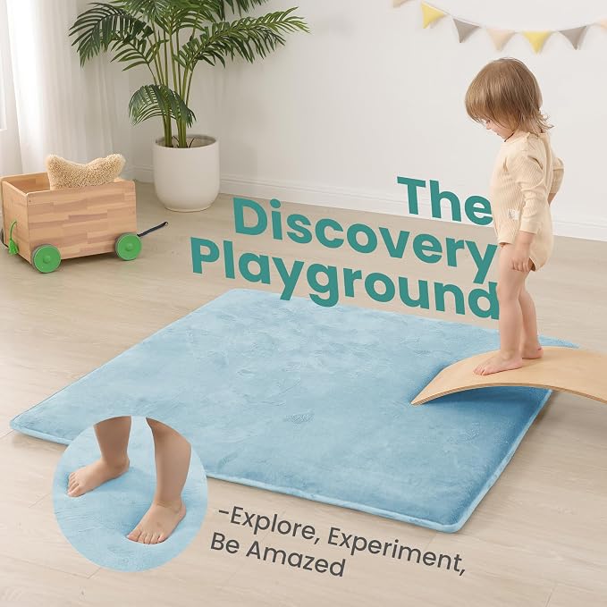 Huloo Sleep Baby Play Mat for Floor,1.3" Thick Elasti-Foam 50"×50" Playpen Mat for Tummy Time,Water Repellent Soft Coral Velvet for Toddler,Infant,Kids,Non-Slip Backing Safe for Crawling(Light Blue)