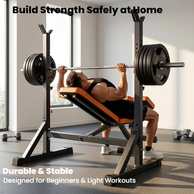 YOLEO Beginner Weight Bench Set for Home Gym, 6-in-1 Adjustable Workout Bench with Squat Rack, Foldable Full Body Fitness Equipment for Bench Press, Sit-Up & Strength Training