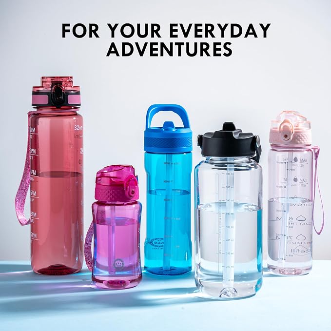 OLDLEY 32oz Water Bottle with Straw,Leakproof Tritan Clear Bottle with Marked Bottle and Carry Handle, BPA-Free Wide Mouth Reusable Sports Water Bottle for Gym,Hiking, Camping, Travel, Workout,Clear