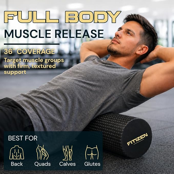 Foam Roller for Muscle Massage, Stiff Back Pain Relief, Physical Therapy, Deep Tissue, Exercise Equipment for Home Gym, Stress, Yoga, Pilates for the Fit Citizen (Black, XL 36 x 6 inches)