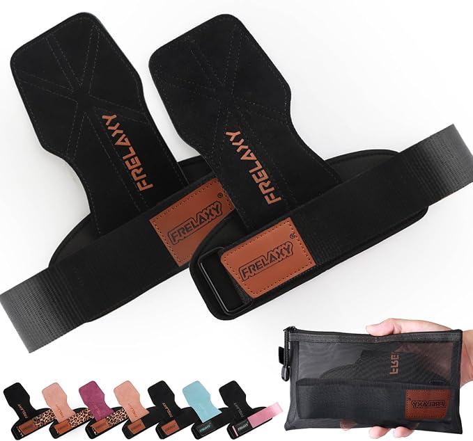 Frelaxy Lifting Wrist Straps for Women and Men, Weight Lifting Grips | Double-layer leather, Cushioned wrist support, Durable construction, Storage pouch, Deadlifts, rows, lat pulldowns